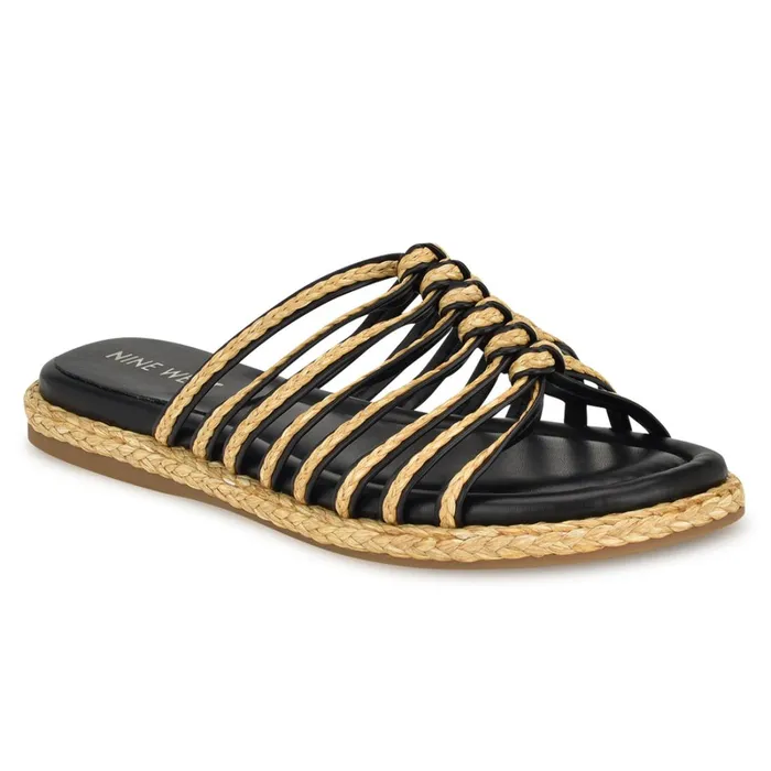 Adila Flat Espadrille Sandals Black Raffia Women Nine West Casual Adila Flat Espadrille Sandals Black Raffia Women Nine West Casual