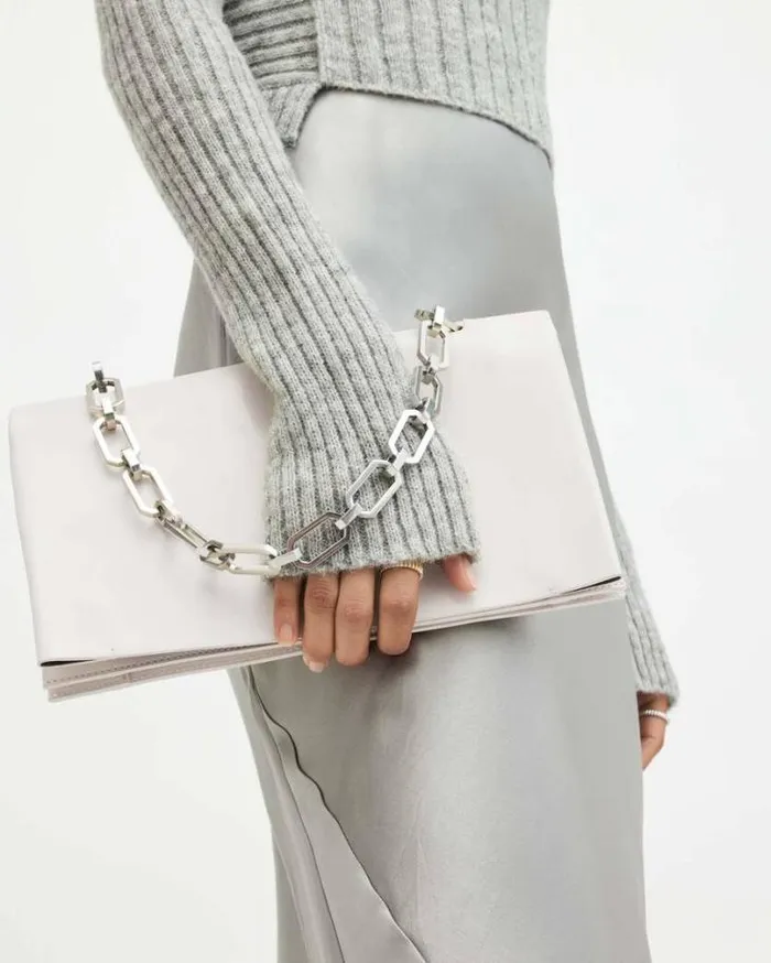 Akira Leather Removable Chain Clutch Bag Desert White Women AllSaints Handbags and Wallets Akira Leather Removable Chain Clutch Bag Desert White Women AllSaints Handbags and Wallets