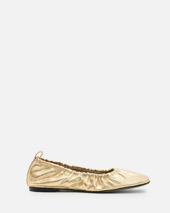 Alia Metallic Leather Ribbon Ballet Pumps Metallic Gold Women AllSaints Shoes and Boots