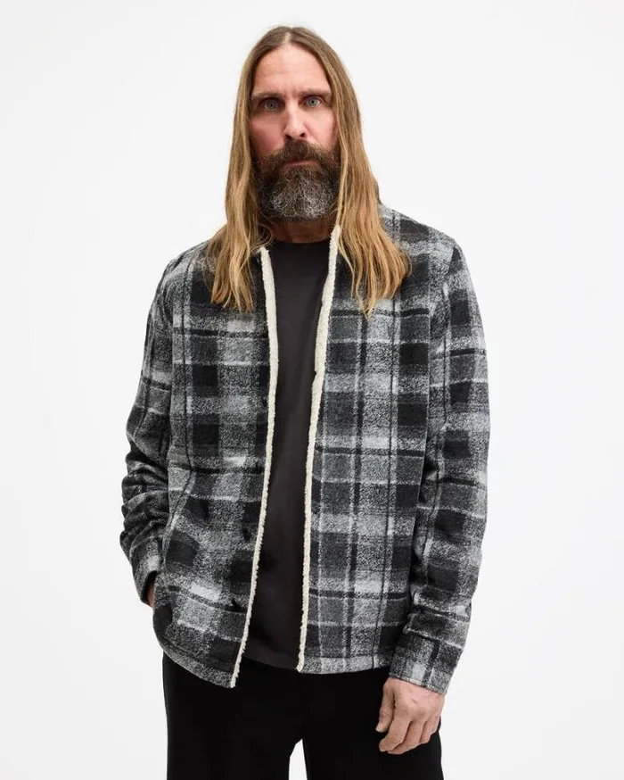 Altamount Checked Relaxed Fit Jacket Cool Greyjet Blk Men AllSaints Jackets and Coats