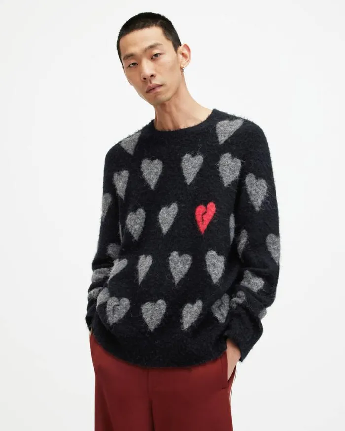 Amore Heart Motif Relaxed Fit Sweater Blackgrey Men AllSaints Sweaters