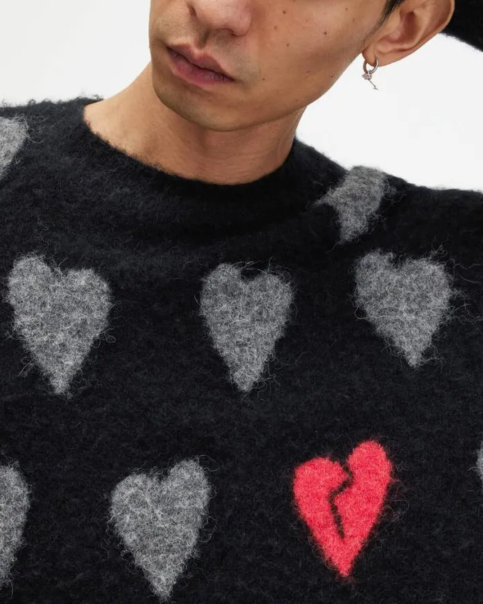 Amore Heart Motif Relaxed Fit Sweater Blackgrey Men AllSaints Sweaters