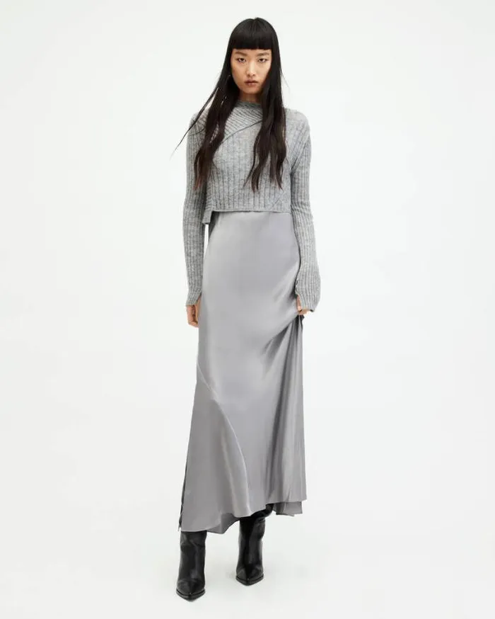 Amos 2In1 Satin Maxi Dress Grey Marl Women AllSaints Dresses