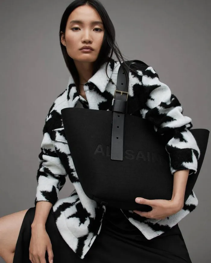 Anik Spacious Felt Logo Tote Bag Black Women AllSaints Handbags and Wallets