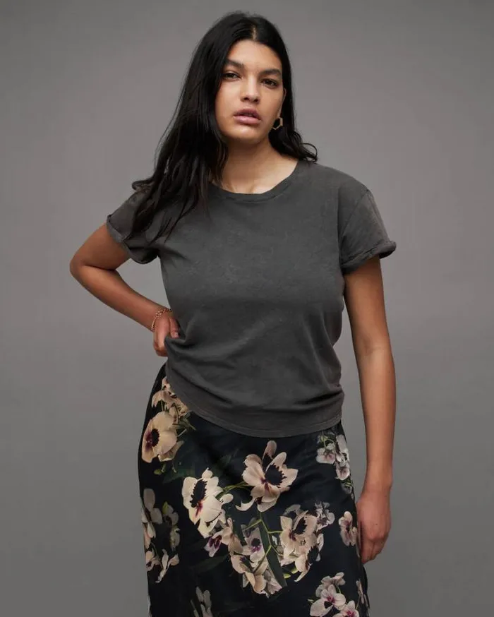 Anna Crew Neck Short Sleeve TShirt Acid Washed Black Women AllSaints TShirts