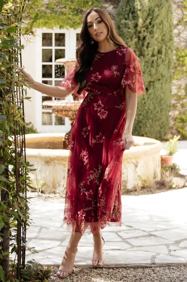 Arabella Embroidered Tulle Maxi Dress Burgundy Floral Women Baltic Born Wedding Guest