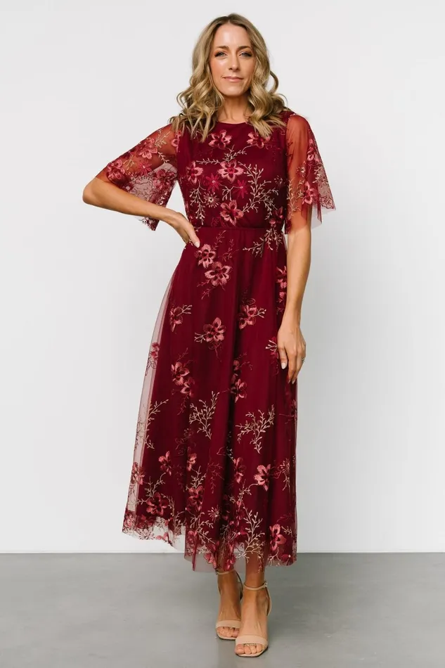 Arabella Embroidered Tulle Maxi Dress Burgundy Floral Women Baltic Born Wedding Guest Arabella Embroidered Tulle Maxi Dress Burgundy Floral Women Baltic Born Wedding Guest