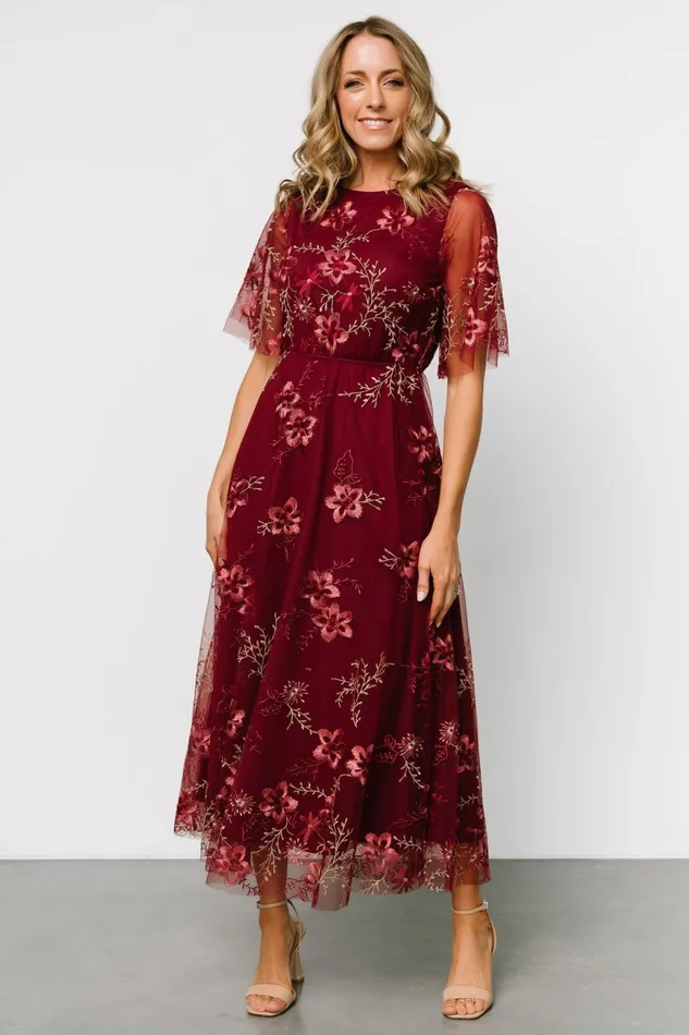 Arabella Embroidered Tulle Maxi Dress Burgundy Floral Women Baltic Born Wedding Guest Arabella Embroidered Tulle Maxi Dress Burgundy Floral Women Baltic Born Wedding Guest