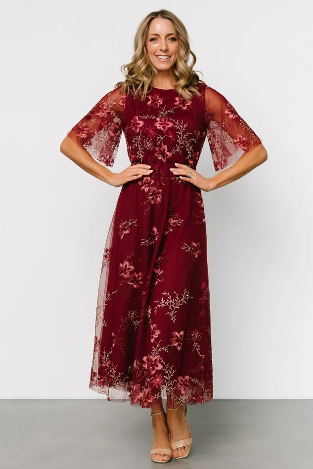 Arabella Embroidered Tulle Maxi Dress Burgundy Floral Women Baltic Born Wedding Guest Arabella Embroidered Tulle Maxi Dress Burgundy Floral Women Baltic Born Wedding Guest