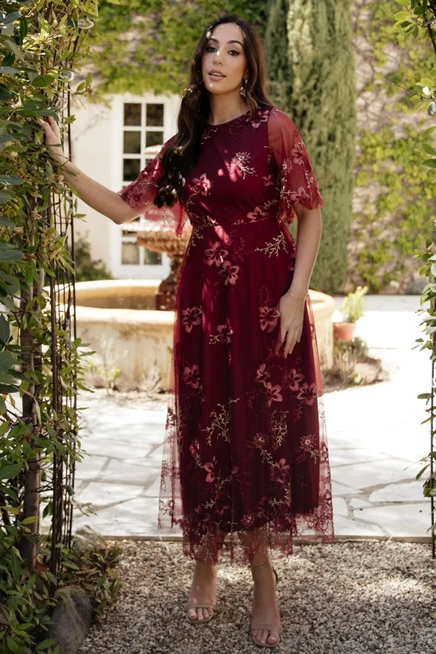 Arabella Embroidered Tulle Maxi Dress Burgundy Floral Women Baltic Born Wedding Guest Arabella Embroidered Tulle Maxi Dress Burgundy Floral Women Baltic Born Wedding Guest