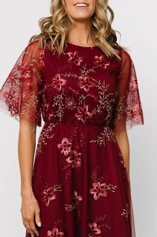 Arabella Embroidered Tulle Maxi Dress Burgundy Floral Women Baltic Born Wedding Guest Arabella Embroidered Tulle Maxi Dress Burgundy Floral Women Baltic Born Wedding Guest