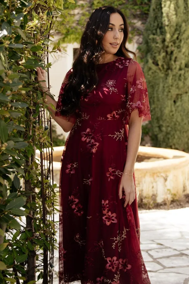 Arabella Embroidered Tulle Maxi Dress Burgundy Floral Women Baltic Born Wedding Guest Arabella Embroidered Tulle Maxi Dress Burgundy Floral Women Baltic Born Wedding Guest