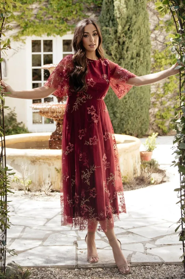 Arabella Embroidered Tulle Maxi Dress Burgundy Floral Women Baltic Born Wedding Guest Arabella Embroidered Tulle Maxi Dress Burgundy Floral Women Baltic Born Wedding Guest