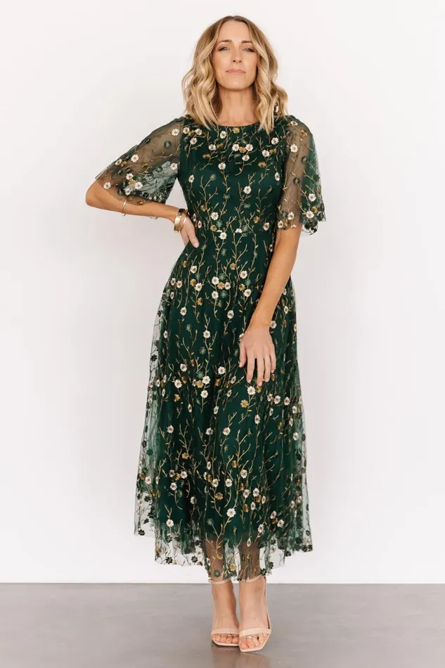 Arabella Embroidered Tulle Maxi Dress Dark Green Floral Women Baltic Born Tulle Styles