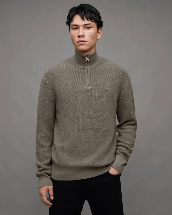Aspen Zip Up Funnel Neck Ramskull Sweater Planet Grey Marl Men AllSaints Sweaters