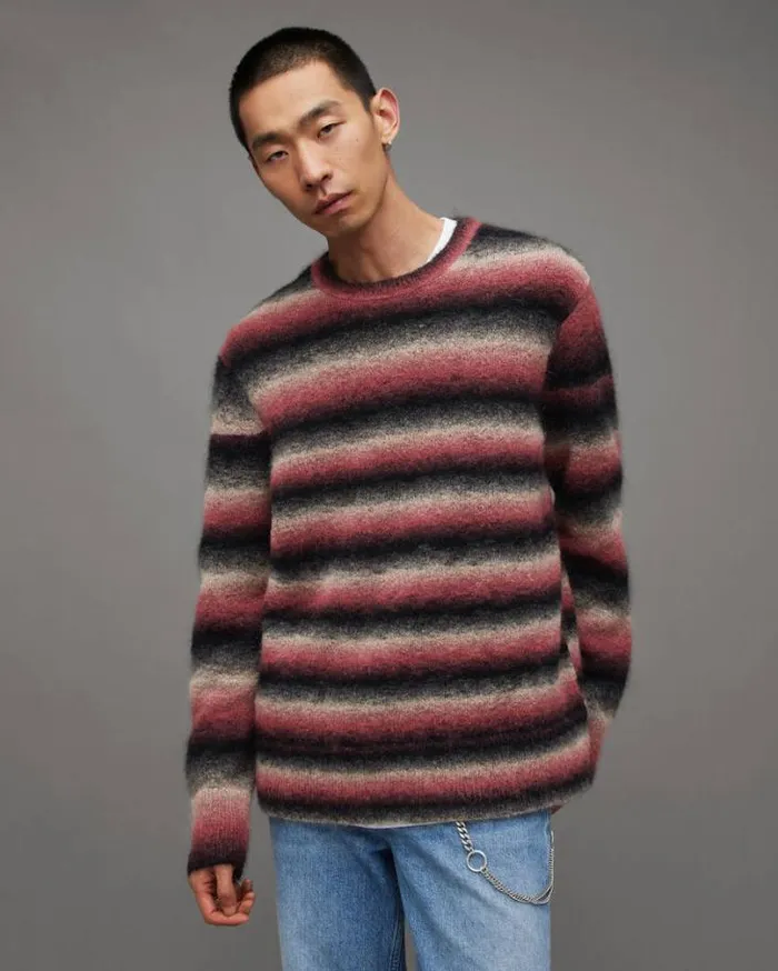 Aurora Fluffy Striped Relaxed Fit Sweater Pink Marl Men AllSaints Sweaters