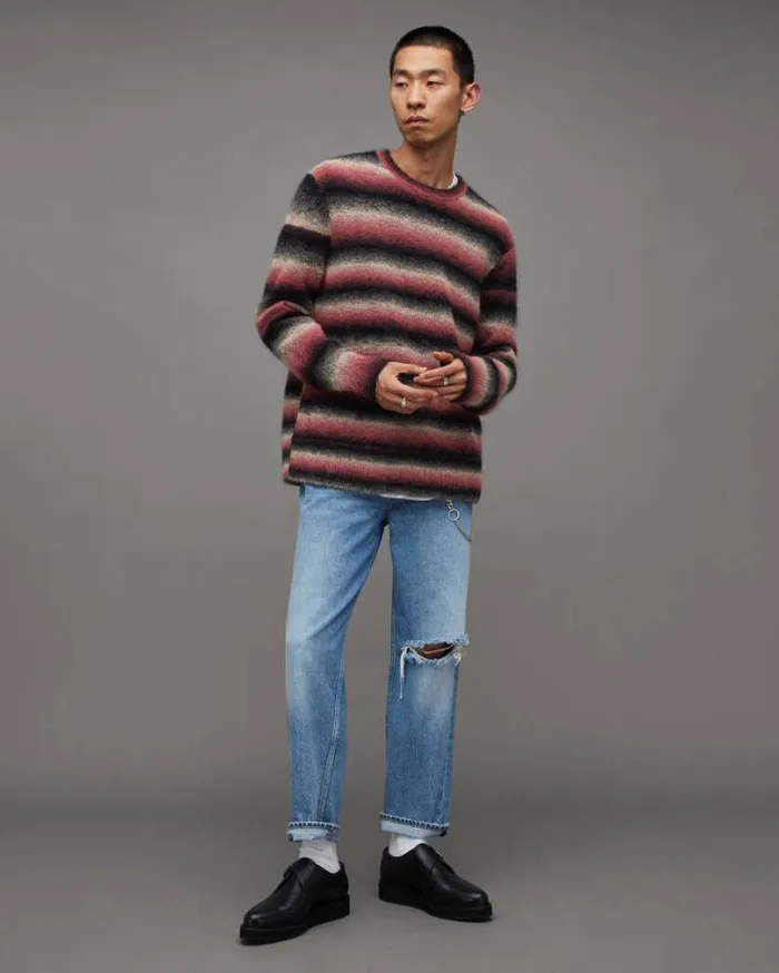 Aurora Fluffy Striped Relaxed Fit Sweater Pink Marl Men AllSaints Sweaters