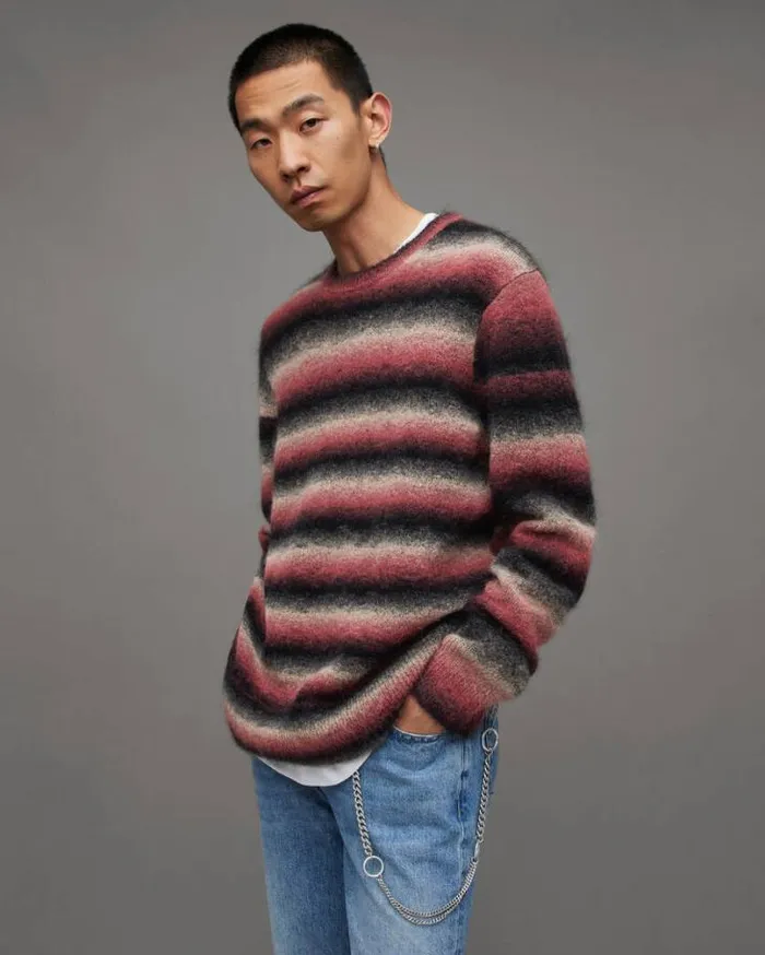 Aurora Fluffy Striped Relaxed Fit Sweater Pink Marl Men AllSaints Sweaters