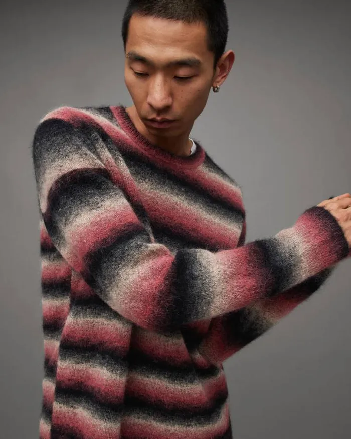 Aurora Fluffy Striped Relaxed Fit Sweater Pink Marl Men AllSaints Sweaters
