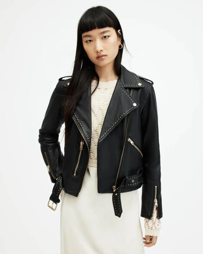Balfern Studded Leather Biker Jacket Black Women AllSaints Jackets and Coats