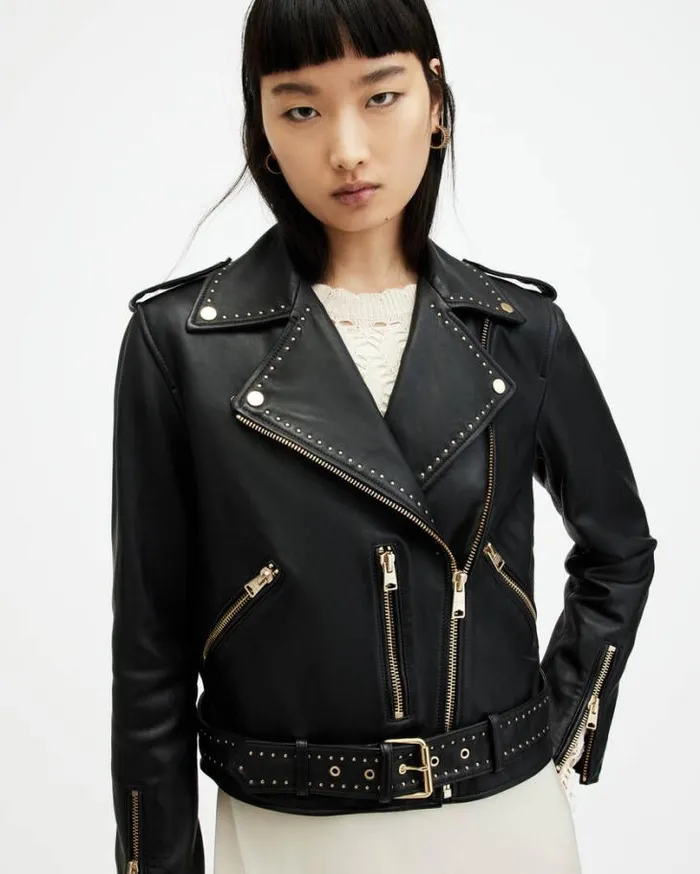 Balfern Studded Leather Biker Jacket Black Women AllSaints Jackets and Coats Balfern Studded Leather Biker Jacket Black Women AllSaints Jackets and Coats