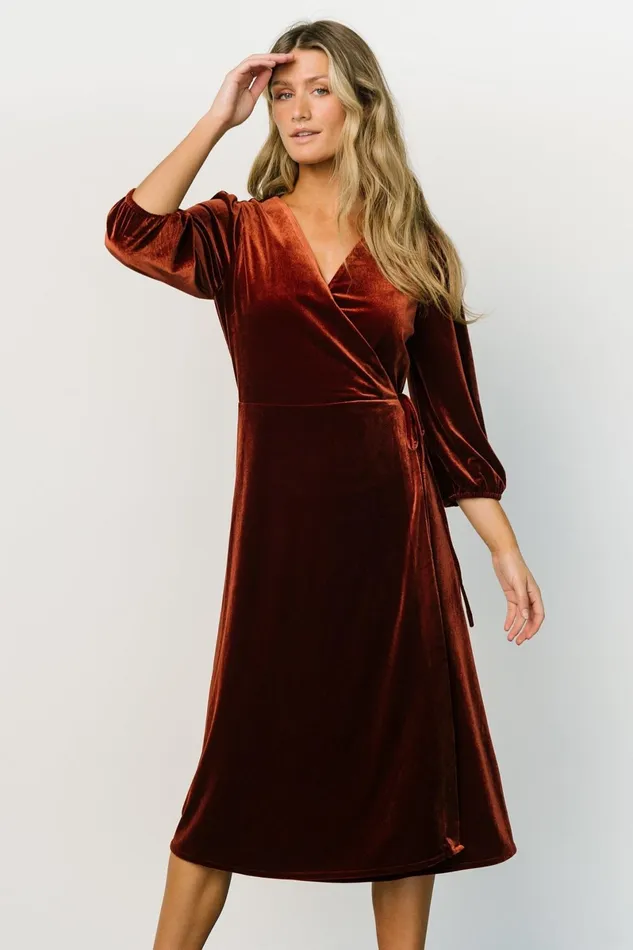Beckinsale Velvet Wrap Dress Cinnamon Women Baltic Born Midi Dresses Beckinsale Velvet Wrap Dress Cinnamon Women Baltic Born Midi Dresses