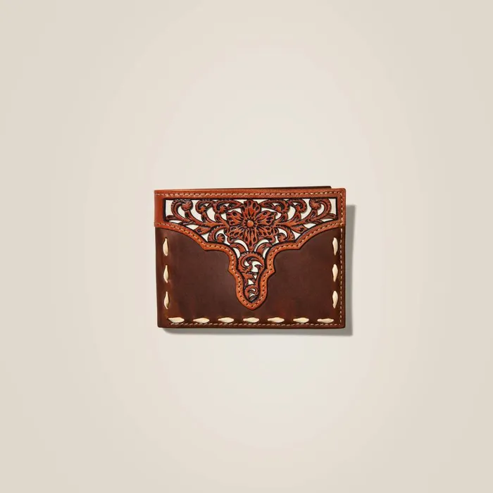 Bifold Wallet Floral Embroidery Run Stitch Medium Brown Men Ariat Bags and Wallets