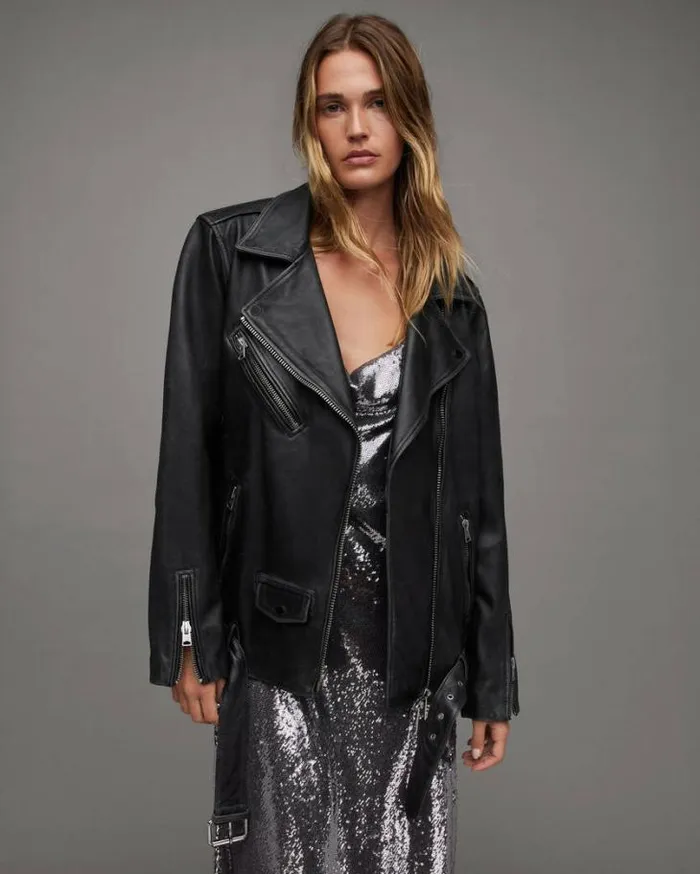 Billie Oversized Leather Biker Jacket Black Women AllSaints Jackets and Coats