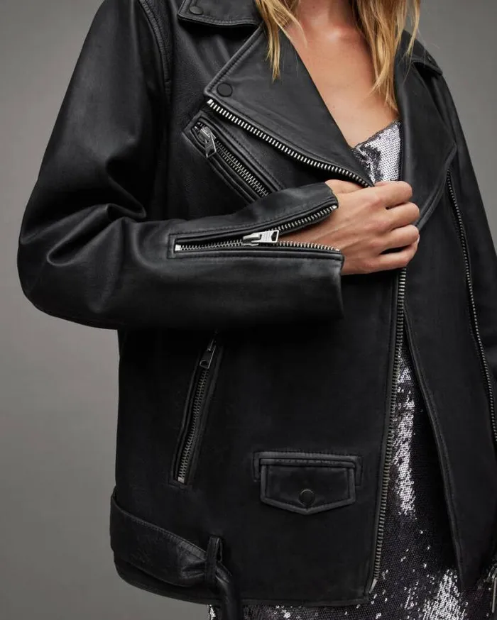Billie Oversized Leather Biker Jacket Black Women AllSaints Jackets and Coats Billie Oversized Leather Biker Jacket Black Women AllSaints Jackets and Coats