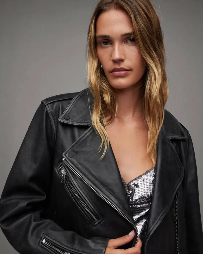 Billie Oversized Leather Biker Jacket Black Women AllSaints Jackets and Coats Billie Oversized Leather Biker Jacket Black Women AllSaints Jackets and Coats