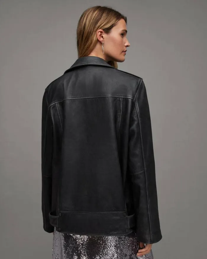 Billie Oversized Leather Biker Jacket Black Women AllSaints Jackets and Coats Billie Oversized Leather Biker Jacket Black Women AllSaints Jackets and Coats