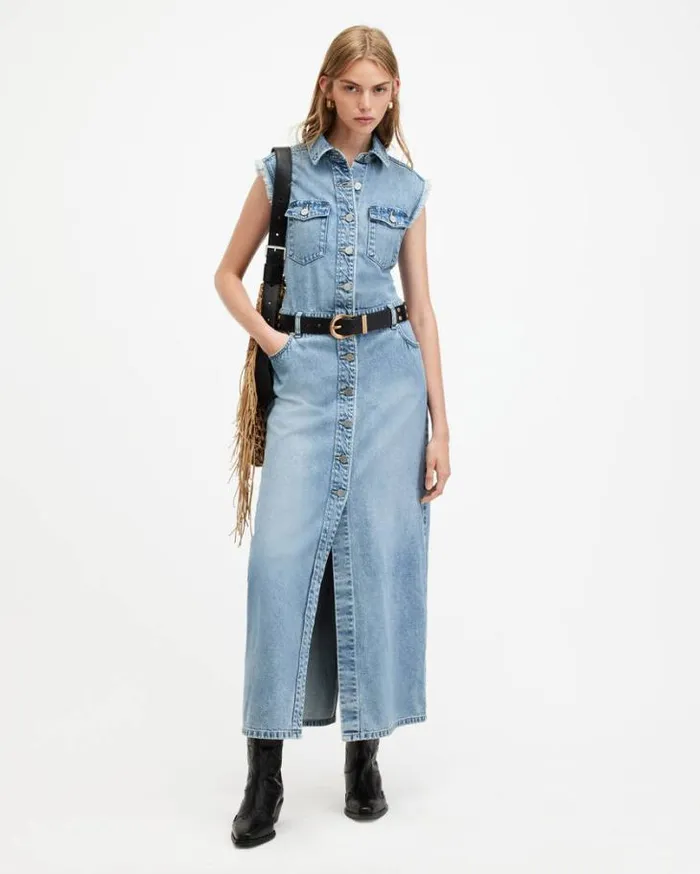Blair Sleeveless Denim Maxi Dress Light Indigo Women AllSaints Dresses