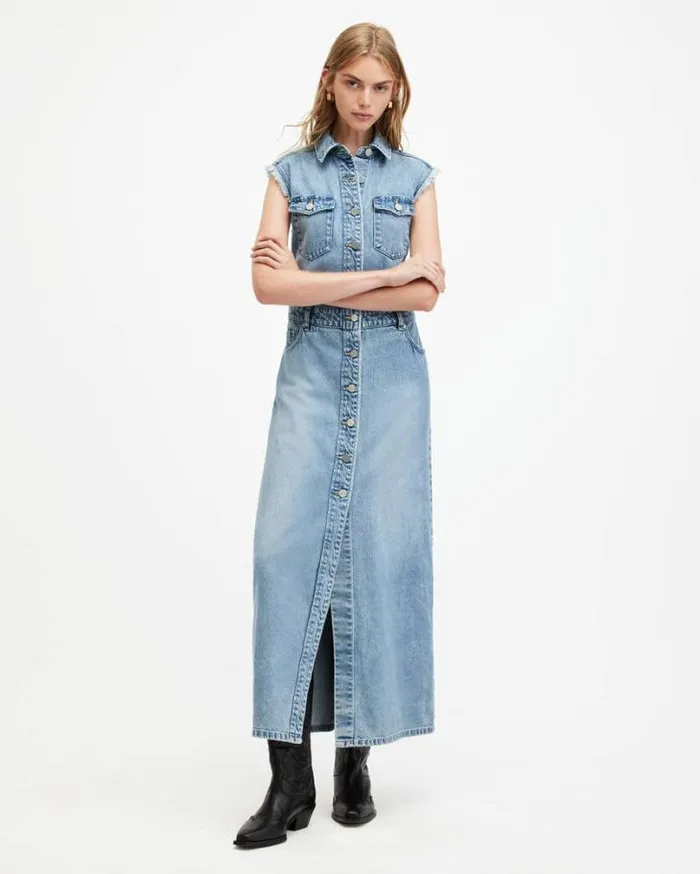 Blair Sleeveless Denim Maxi Dress Light Indigo Women AllSaints Dresses