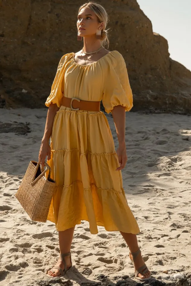 Bohme Dresses Emerson Midi Dress Mustard 8211 Women Bohme Dresses Emerson Midi Dress Mustard 8211 Women