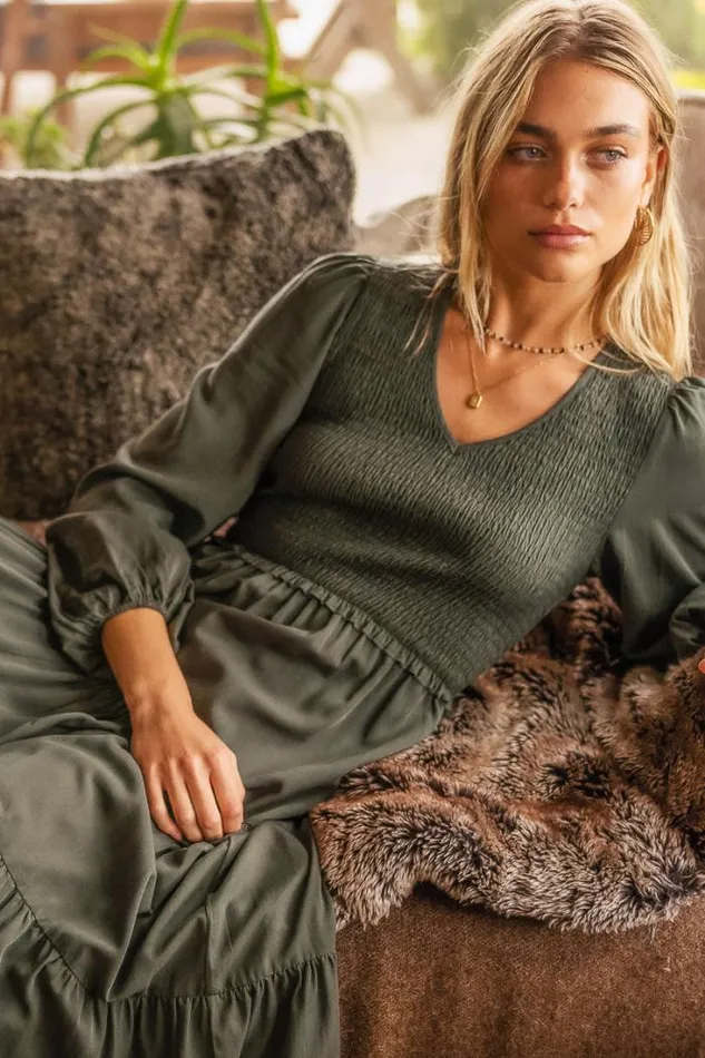 Bohme Dresses Smocked Tiered Midi Dress In Green 8211 FINAL SALE Green 8211 Women Bohme Dresses Smocked Tiered Midi Dress In Green 8211 FINAL SALE Green 8211 Women