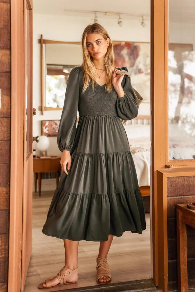 Bohme Dresses Smocked Tiered Midi Dress In Green 8211 FINAL SALE Green 8211 Women Bohme Dresses Smocked Tiered Midi Dress In Green 8211 FINAL SALE Green 8211 Women
