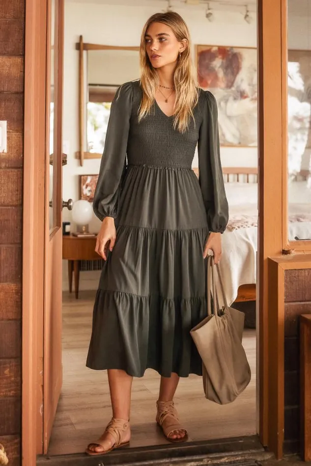Bohme Dresses Smocked Tiered Midi Dress In Green 8211 FINAL SALE Green 8211 Women Bohme Dresses Smocked Tiered Midi Dress In Green 8211 FINAL SALE Green 8211 Women
