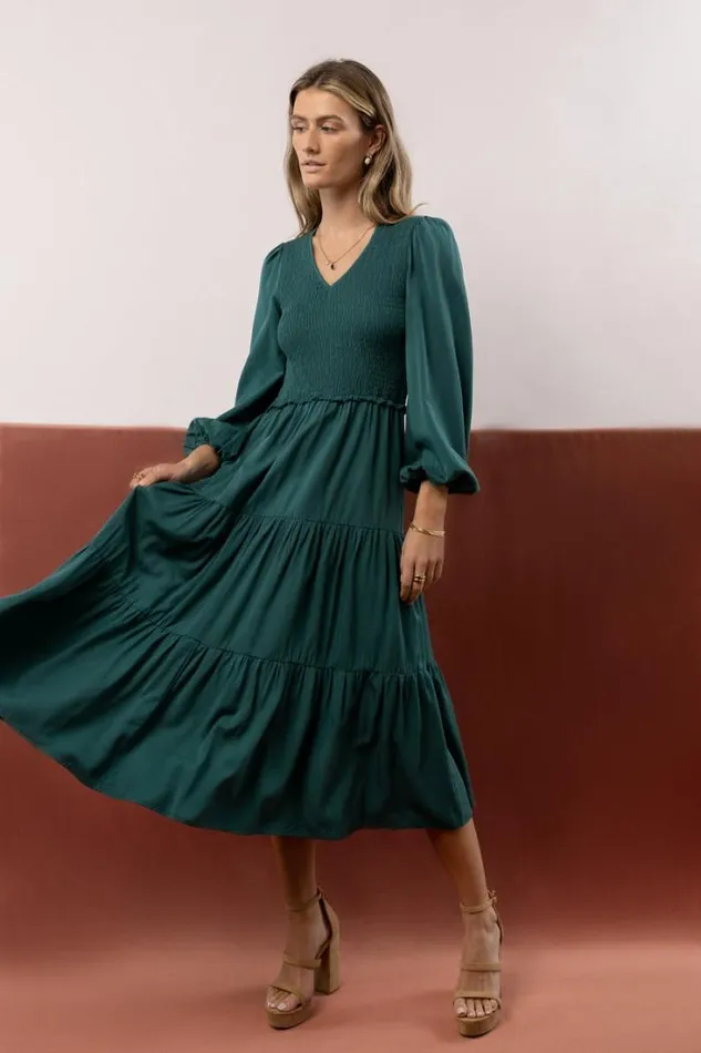 Bohme Dresses Smocked Tiered Midi Dress In Teal Teal 8211 Women Bohme Dresses Smocked Tiered Midi Dress In Teal Teal 8211 Women
