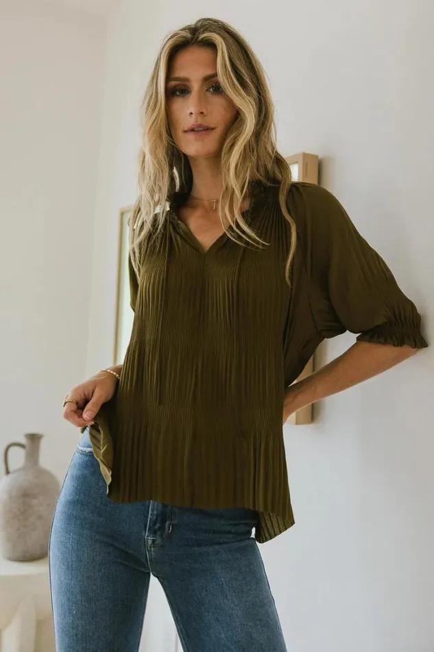 Bohme Tops Killian Pleated Blouse In Olive Olive 8211 Women
