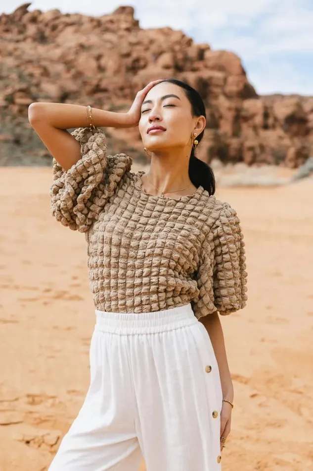 Bohme Tops Textured Bubble Sleeve Blouse Camel 8211 Women Bohme Tops Textured Bubble Sleeve Blouse Camel 8211 Women