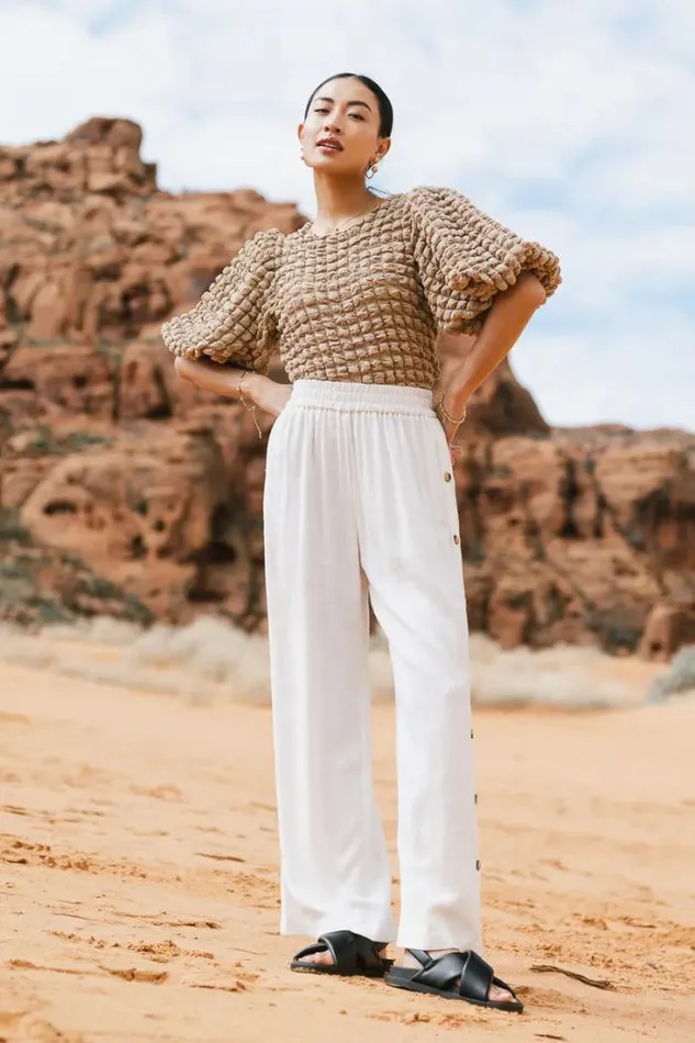 Bohme Tops Textured Bubble Sleeve Blouse Camel 8211 Women Bohme Tops Textured Bubble Sleeve Blouse Camel 8211 Women