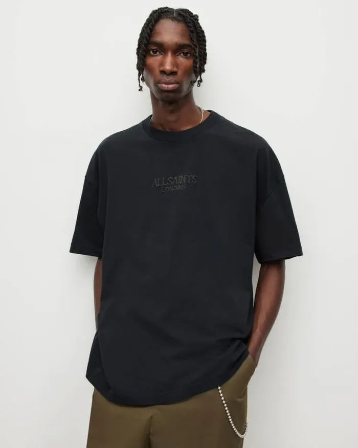 Bones Oversized Crew Neck Logo TShirt Washed Black Men AllSaints TShirts