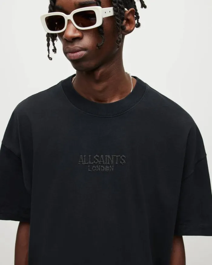 Bones Oversized Crew Neck Logo TShirt Washed Black Men AllSaints TShirts