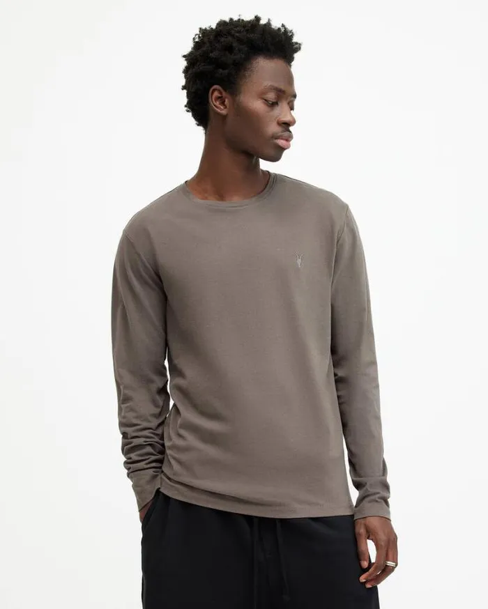 Brace Brushed Cotton Long Sleeve TShirt Ash Khaki Green Men AllSaints TShirts