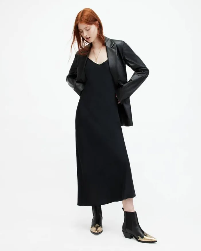 Bryony VNeck Midi Slip Dress Black Women AllSaints Dresses