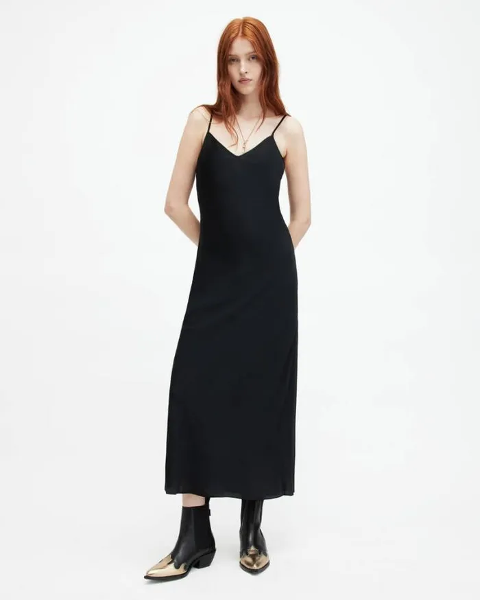 Bryony VNeck Midi Slip Dress Black Women AllSaints Dresses