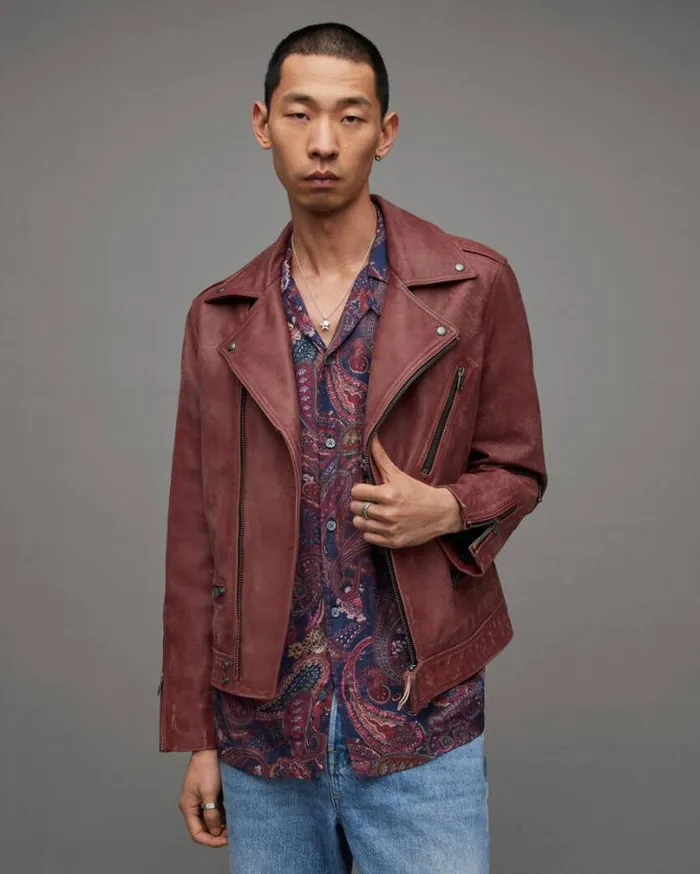 Burman Slim Cropped Leather Biker Jacket Rust Men AllSaints Leather Jackets
