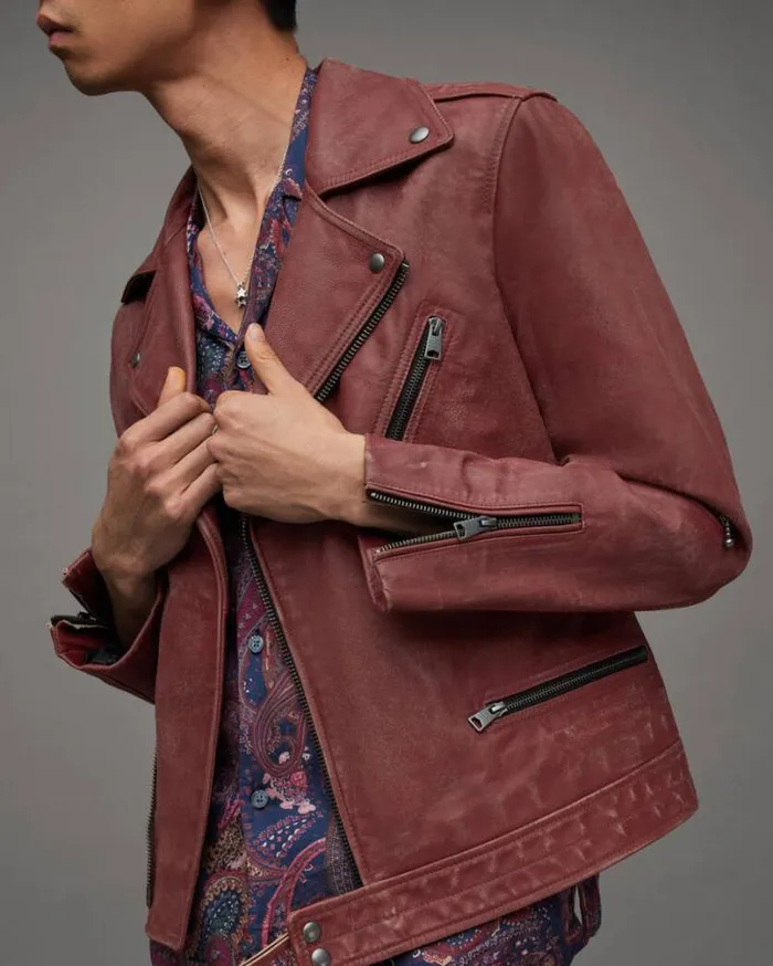 Burman Slim Cropped Leather Biker Jacket Rust Men AllSaints Leather Jackets