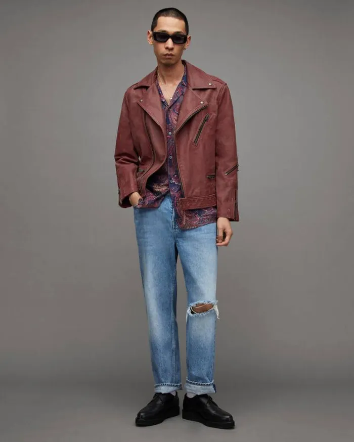 Burman Slim Cropped Leather Biker Jacket Rust Men AllSaints Leather Jackets