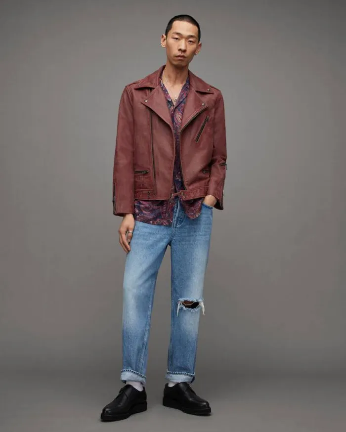 Burman Slim Cropped Leather Biker Jacket Rust Men AllSaints Leather Jackets